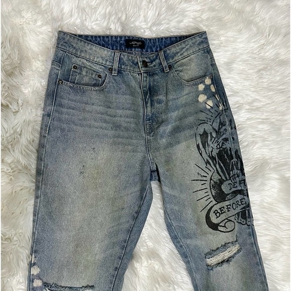 Ed Hardy Denim Jeans Tattoo Print Death Before Dishonor Distressed knees - Picture 12 of 13